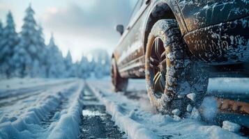 ai gegenereerd winter banden Aan de sneeuw weg. auto banden in de sneeuw foto