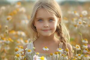 ai gegenereerd portret van een schattig weinig meisje in een veld- met wilde bloemen, zomer humeur foto