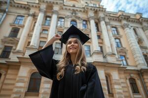 ai gegenereerd Europese meisje in een zwart gewaad en een zwart plein academisch pet shows een duimen omhoog tegen de achtergrond van de Universiteit gebouw foto