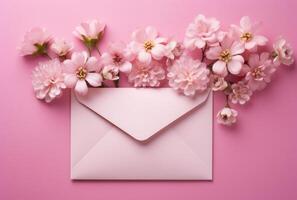 ai gegenereerd roze envelop met romantisch bloemen Aan roze achtergrond foto