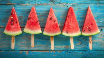 ai gegenereerd watermeloen plak ijslollys weergegeven Aan een rustiek blauw hout achtergrond foto