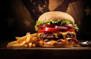 ai gegenereerd Amerikaans vlag staand Aan top van een hamburger foto