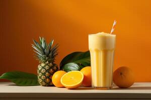 ai gegenereerd banaan, mango smoothie, ananas, oranje foto