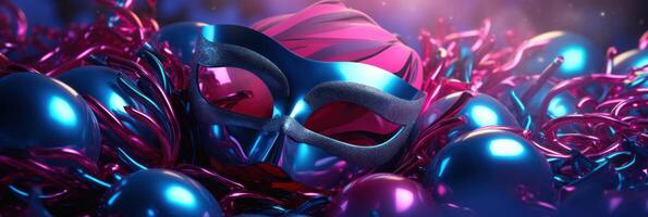 ai gegenereerd een blauw en roze masker met ballonnen in de achtergrond foto