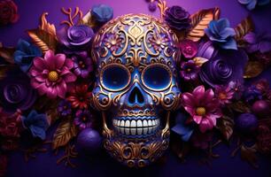 ai gegenereerd een elegant kleurrijk dag van de dood schedel en bloem decoratie Aan Purper achtergrond foto