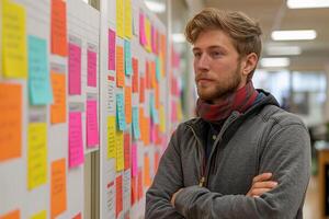 ai gegenereerd portret van een jong Mens met gekruiste armen in een kantoor in voorkant van een muur met kleverig aantekeningen met veel taken foto