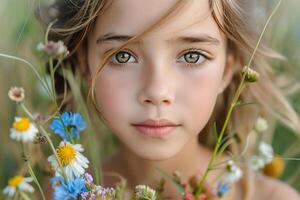 ai gegenereerd portret van een schattig weinig meisje in een veld- met wilde bloemen, zomer humeur foto