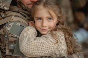 ai gegenereerd dichtbij omhoog portret van een schattig weinig meisje knuffelen haar vader in leger uniform foto