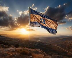 ai gegenereerd Israël vlag Aan een vlaggenmast Aan een heuvel tegen de achtergrond van dageraad foto