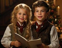 ai gegenereerd jongen en meisje Holding een boek en het zingen Kerstmis kerstliederen foto