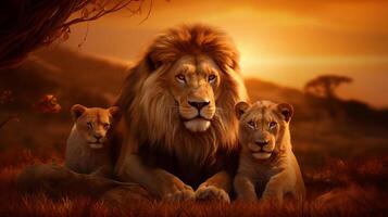 ai gegenereerd een familie van leeuwen resting in de Afrikaanse savanne Bij zonsondergang foto