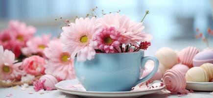 ai gegenereerd Pasen en bloemen tafel in blauw kop voorraad beeldmateriaal foto