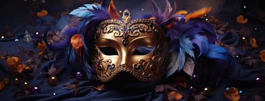 ai gegenereerd carnaval masker in blauw en Purper kleur achtergrond met veren foto