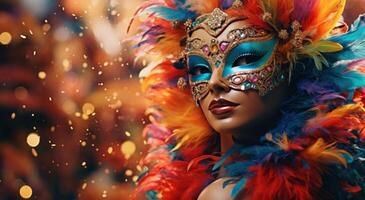 ai gegenereerd een carnaval maskerade masker met kleurrijk veren en bungelend veren foto