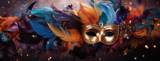 ai gegenereerd carnaval masker in blauw en Purper kleur achtergrond met veren foto