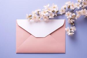 ai gegenereerd een geschenk envelop met bloemen Aan een roze achtergrond foto