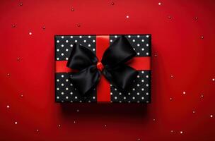 ai gegenereerd Kerstmis geschenk boog en zwart doos Aan rood achtergrond foto