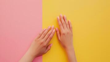 ai gegenereerd vrouw handen weergeven een chique en modieus pastel manicure tegen een geel en roze duotoon achtergrond foto