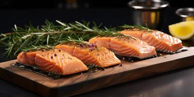 ai gegenereerd vier Zalm filets zijn getoond Aan de dienblad naast rozemarijn en knoflook foto