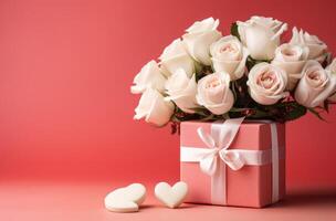 ai gegenereerd rood en wit hart geschenk met rozen Aan een roze achtergrond foto