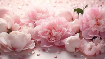 ai gegenereerd roze pioenen geregeld tussen wit takken, bladeren en confetti foto