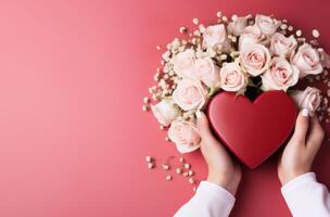 ai gegenereerd rood en wit hart geschenk met rozen Aan een roze achtergrond foto