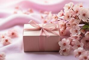 ai gegenereerd Valentijnsdag viering presenteert Aan achtergrond van roze bloemen en een geschenk doos foto