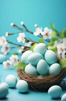 ai gegenereerd meerdere Pasen eieren en manden zittend in een cirkel Aan een blauw vlak oppervlakte foto