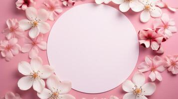 ai gegenereerd wit blanco karton cirkel met bloem bloemblaadjes geregeld Aan een roze achtergrond foto
