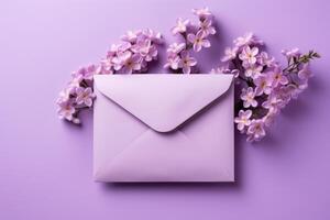 ai gegenereerd Valentijn dag geïsoleerd Aan een Purper achtergrond met bloemen en een envelop foto