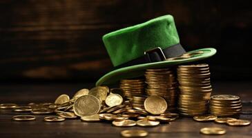 ai gegenereerd st Patrick dag viering, een elf van Ierse folklore hoed en stapels van oud munten foto