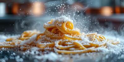 ai gegenereerd klassiek pasta Aan keuken achtergrond. eetpatroon en voedsel concept. foto