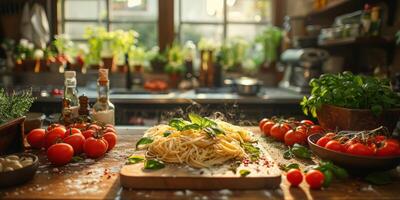 ai gegenereerd klassiek pasta Aan keuken achtergrond. eetpatroon en voedsel concept. foto