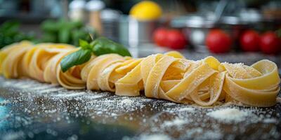 ai gegenereerd klassiek pasta Aan keuken achtergrond. eetpatroon en voedsel concept. foto