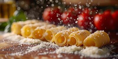 ai gegenereerd klassiek pasta Aan keuken achtergrond. eetpatroon en voedsel concept. foto