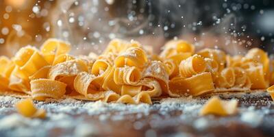 ai gegenereerd klassiek pasta Aan keuken achtergrond. eetpatroon en voedsel concept. foto
