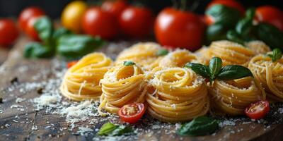 ai gegenereerd klassiek pasta Aan keuken achtergrond. eetpatroon en voedsel concept. foto