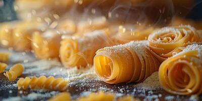 ai gegenereerd klassiek pasta Aan keuken achtergrond. eetpatroon en voedsel concept. foto