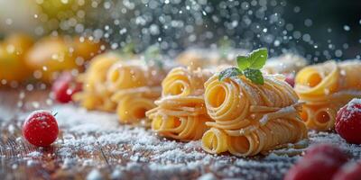 ai gegenereerd klassiek pasta Aan keuken achtergrond. eetpatroon en voedsel concept. foto