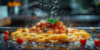 ai gegenereerd klassiek pasta Aan keuken achtergrond. eetpatroon en voedsel concept. foto