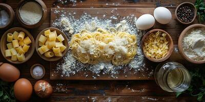 ai gegenereerd klassiek pasta Aan keuken achtergrond. eetpatroon en voedsel concept. foto