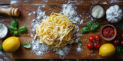 ai gegenereerd klassiek pasta Aan keuken achtergrond. eetpatroon en voedsel concept. foto