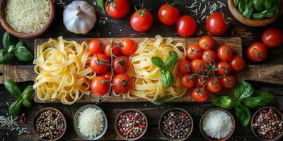 ai gegenereerd klassiek pasta Aan keuken achtergrond. eetpatroon en voedsel concept. foto