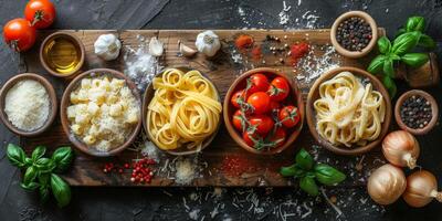 ai gegenereerd klassiek pasta Aan keuken achtergrond. eetpatroon en voedsel concept. foto