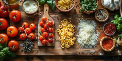 ai gegenereerd klassiek pasta Aan keuken achtergrond. eetpatroon en voedsel concept. foto