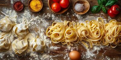 ai gegenereerd klassiek pasta Aan keuken achtergrond. eetpatroon en voedsel concept. foto