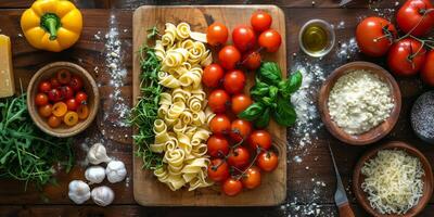 ai gegenereerd klassiek pasta Aan keuken achtergrond. eetpatroon en voedsel concept. foto