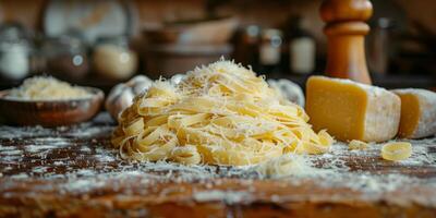 ai gegenereerd klassiek pasta Aan keuken achtergrond. eetpatroon en voedsel concept. foto