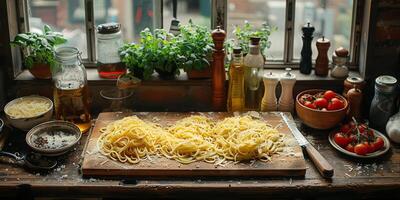 ai gegenereerd klassiek pasta Aan keuken achtergrond. eetpatroon en voedsel concept. foto