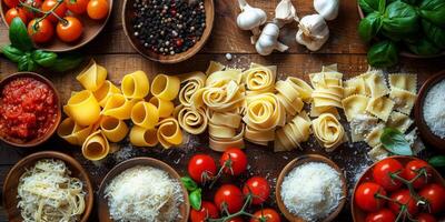 ai gegenereerd klassiek pasta Aan keuken achtergrond. eetpatroon en voedsel concept. foto